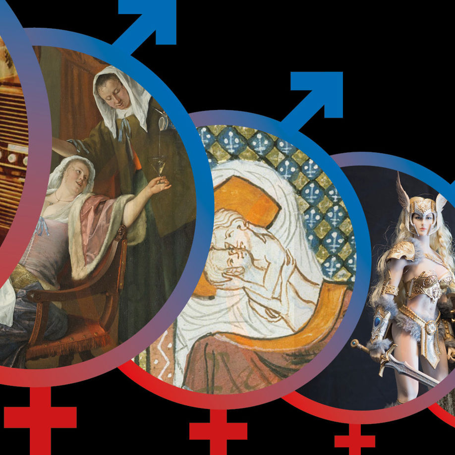 Kollage: 6 multi-gender-ikoner med billeder der repræsenterer 1900-tallet, renæssancen, middelalderen, vikingetiden, jernalderen og bronzealderen