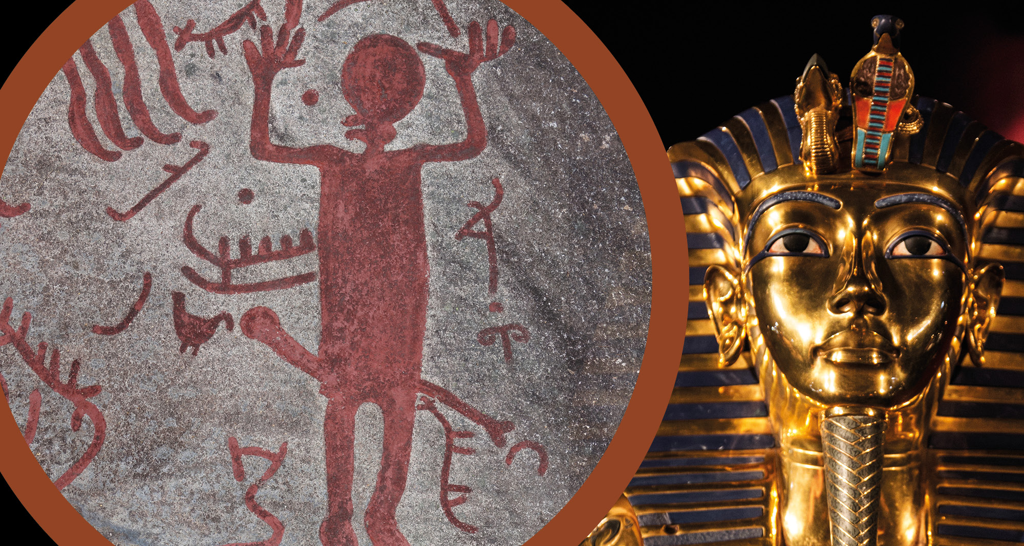 Kollage: Helleristning af mand med enormt erigeret lem og ægyptisk guldmaske