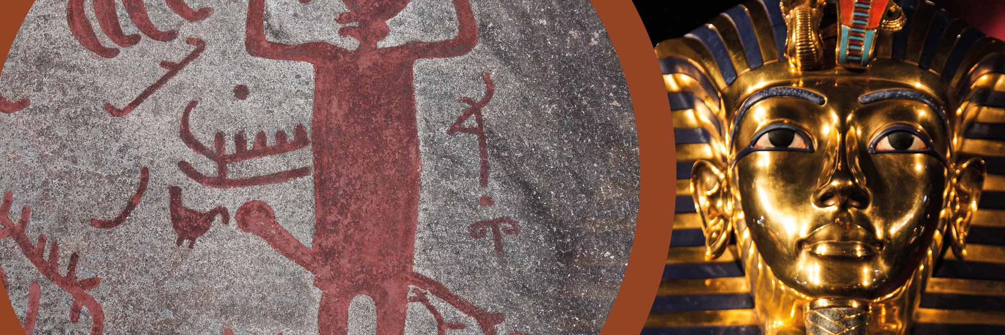 Kollage: Helleristning af mand med enormt erigeret lem og ægyptisk guldmaske