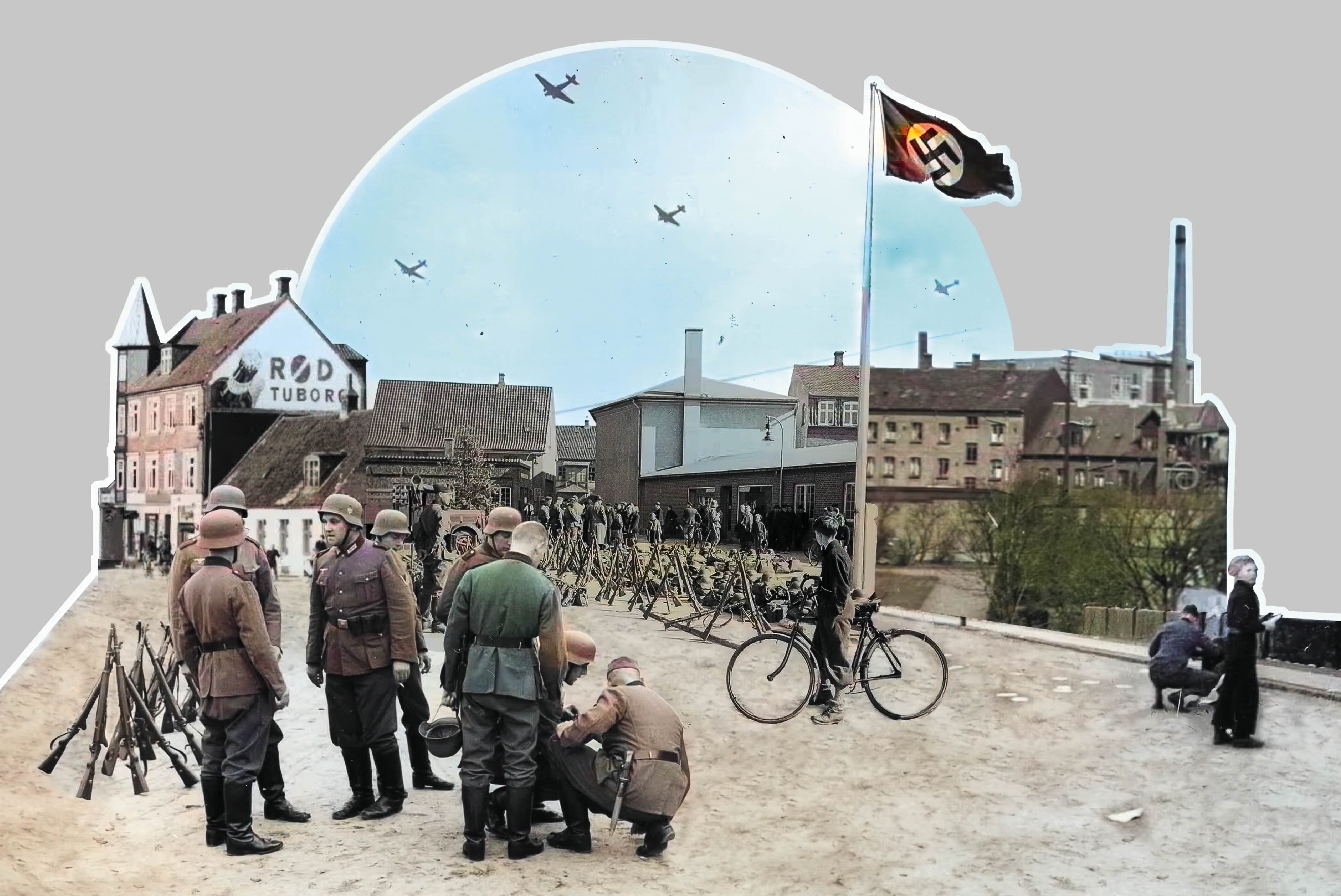 Kollage af farvelagte arkivfotos. Tyske soldater i Vejle