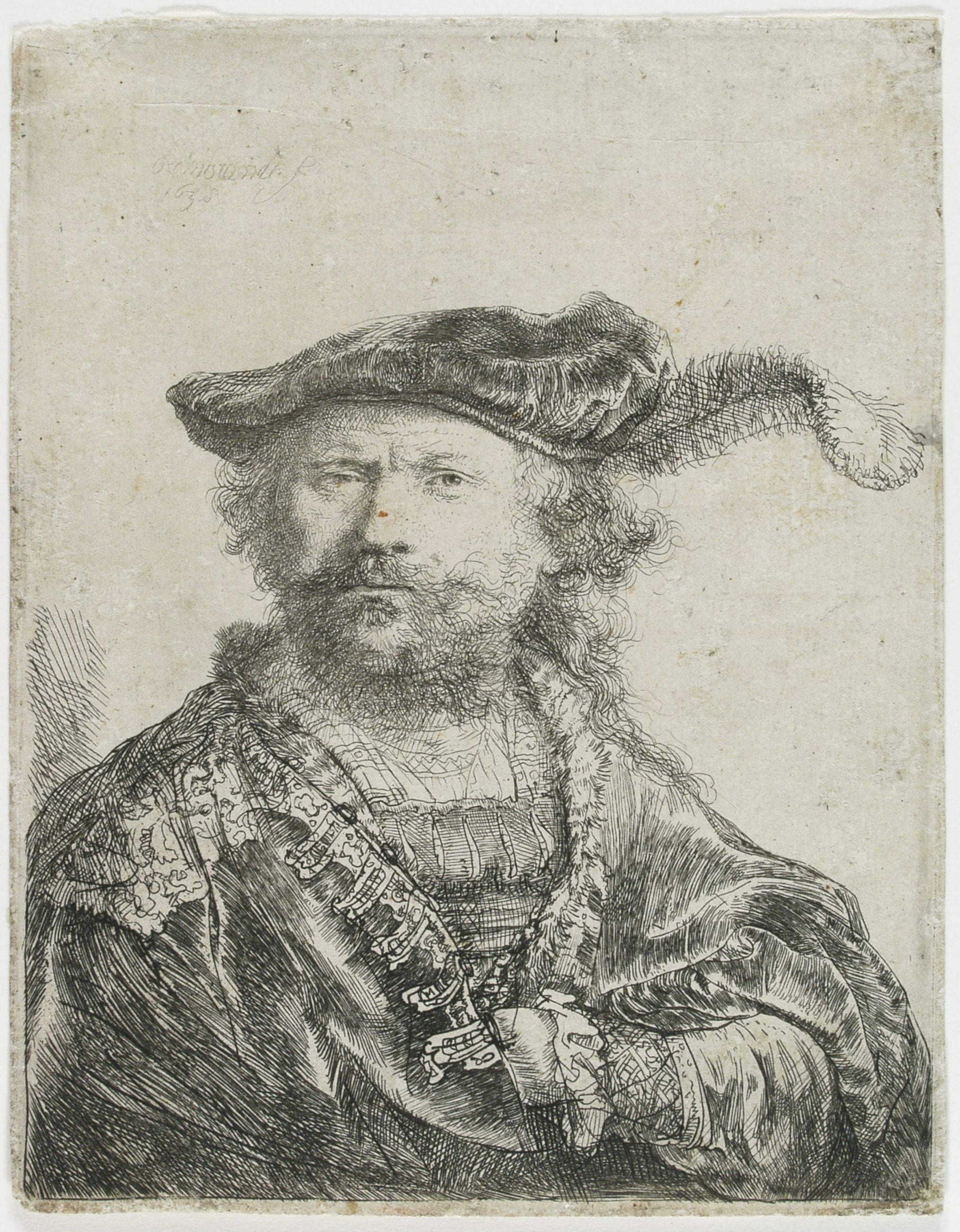 Rembrandt van Rijn. Selvportræt med fløjlshue og fjer, 1638. Radering. Vejle Kunstmuseum