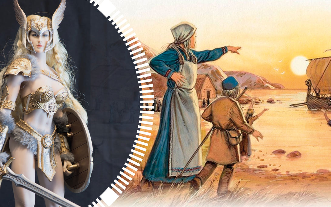 Kollage: Letpåklædt valkyrie med sværd og skjold. Kvinder og børn hilser vikingeskib velkommen hjem fra togt.