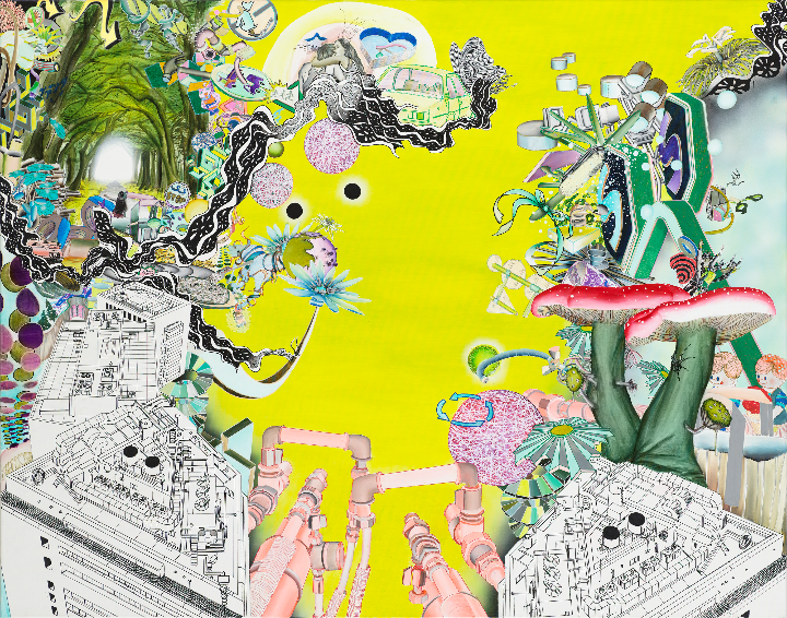 Trine Boesen: Bouncing on clouds, 2008, maleri  Linoleumssnit, tegning