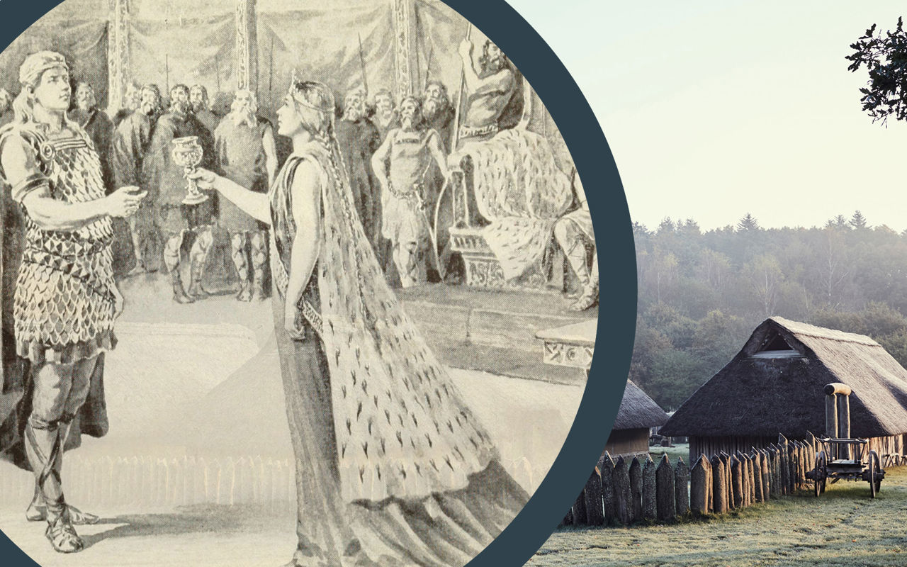 Kollage: Tegning af høvdingepar fra jernalderen og foto af rekonstrueret jernaldergård.