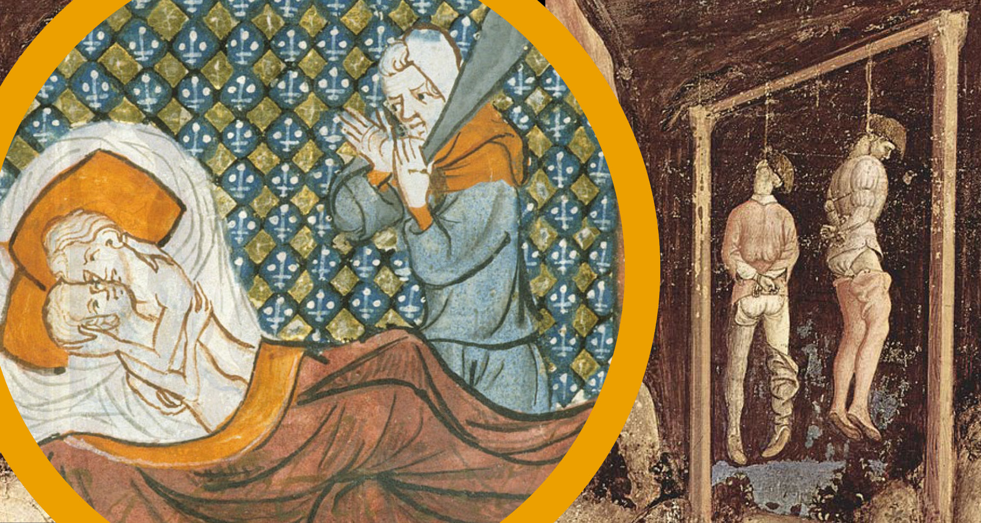 Kollage, tegninger: Par i seng overvåges af præstelignende mand. To døde hængte mænd i galge. 