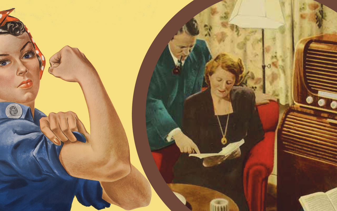 Kollage, tegninger: Mand med pibe forklarer sin kone hvad der står i hende bog. Stærk kvindelig arbejder.