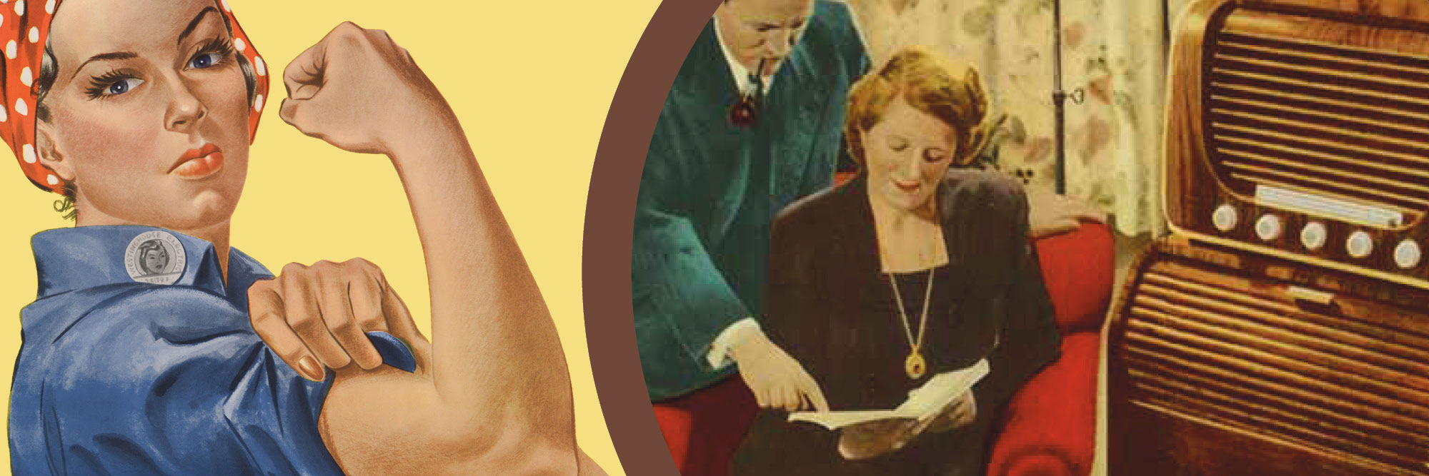 Kollage, tegninger: Mand med pibe forklarer sin kone hvad der står i hende bog. Stærk kvindelig arbejder.