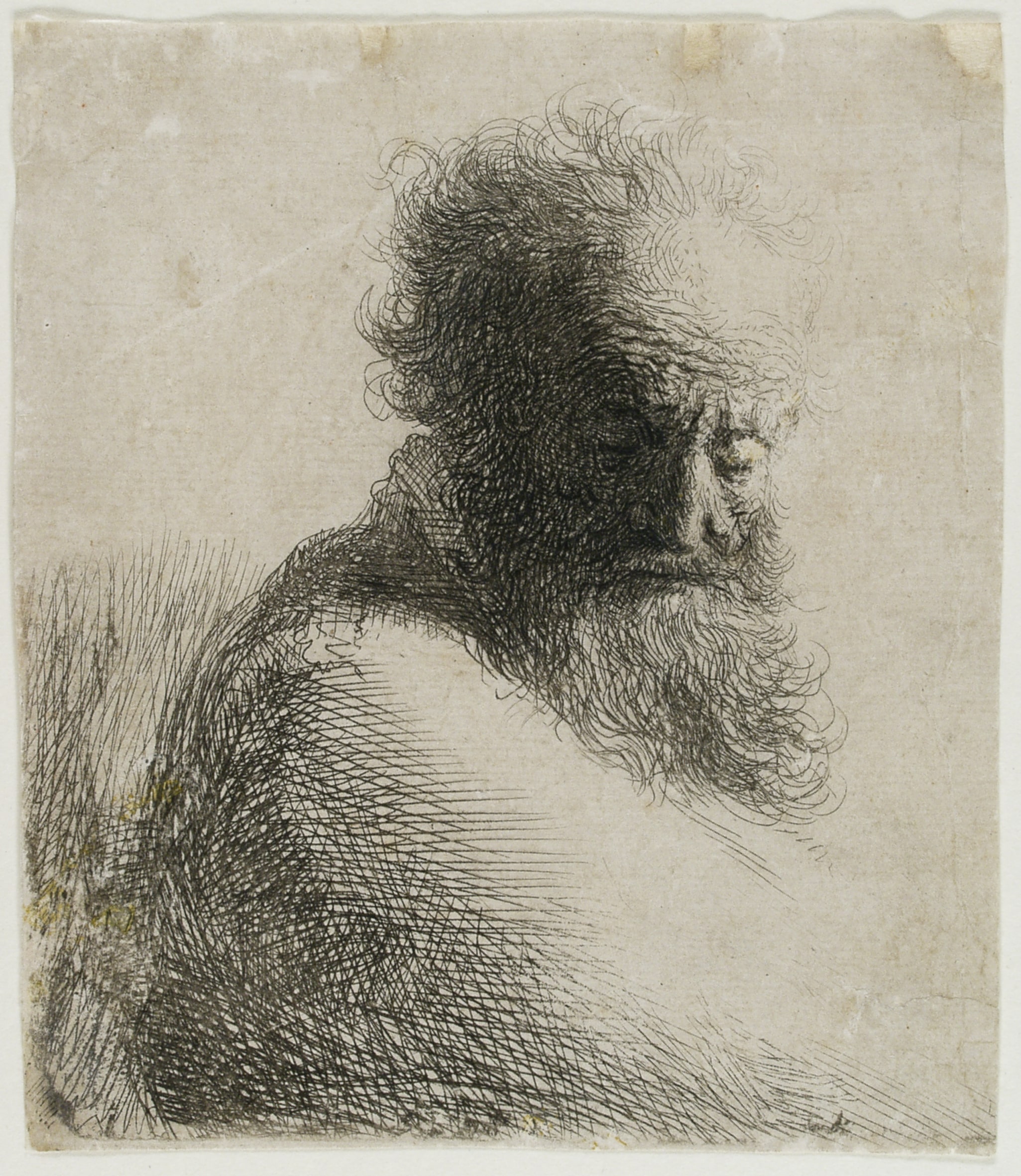 Rembrandt van Rijn. Gammel mand, der ser ned, 1631. Radering. Vejle Kunstmuseum