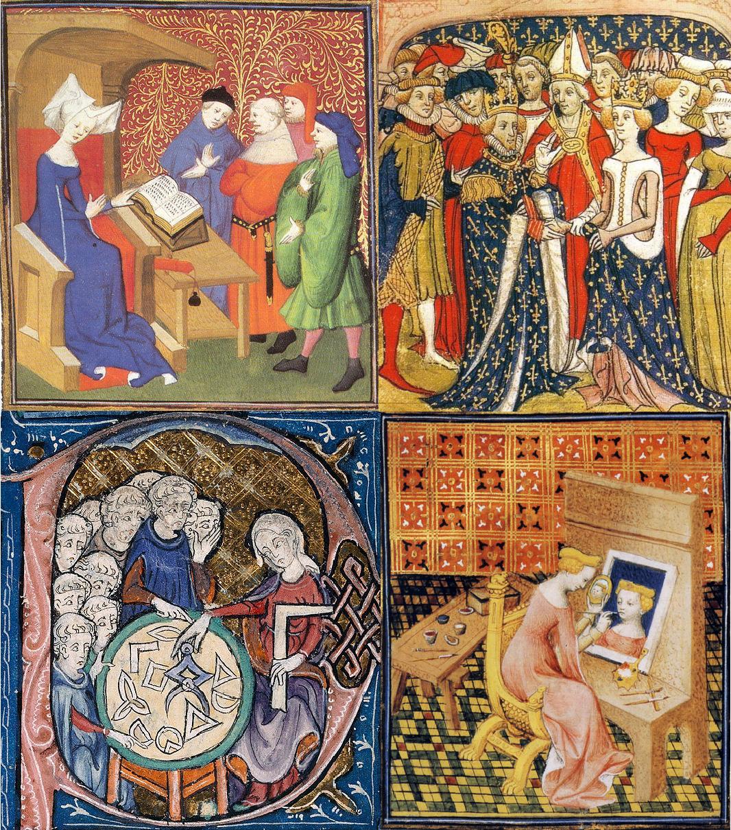 Kvindeaktiviteter i middelalderen. Tegning i fire dele: Læsning, dans, astrologi, kunstmaleri