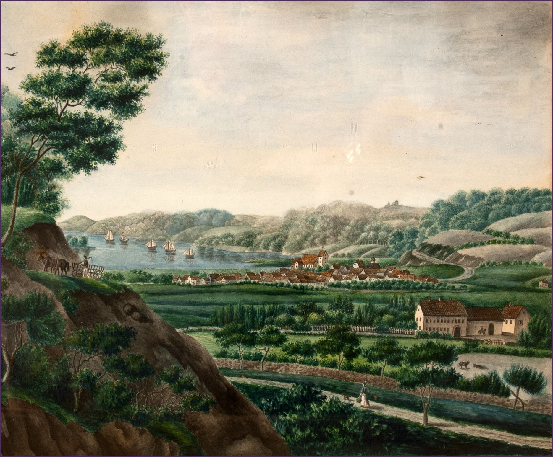 Vejle set fra nordvest med herregården Sofiesminde i forgrunden. Litografi fra 1822.