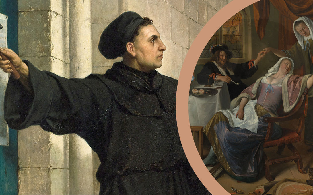 Kollage: Luthers teser på kirkedøren. Maleri af druk og skørlevned.