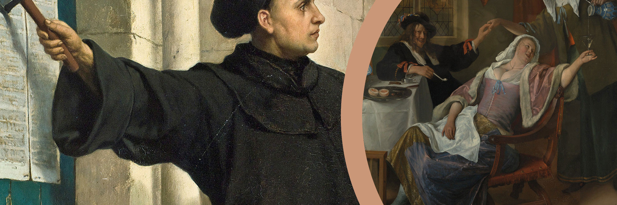 Kollage: Luthers teser på kirkedøren. Maleri af druk og skørlevned.