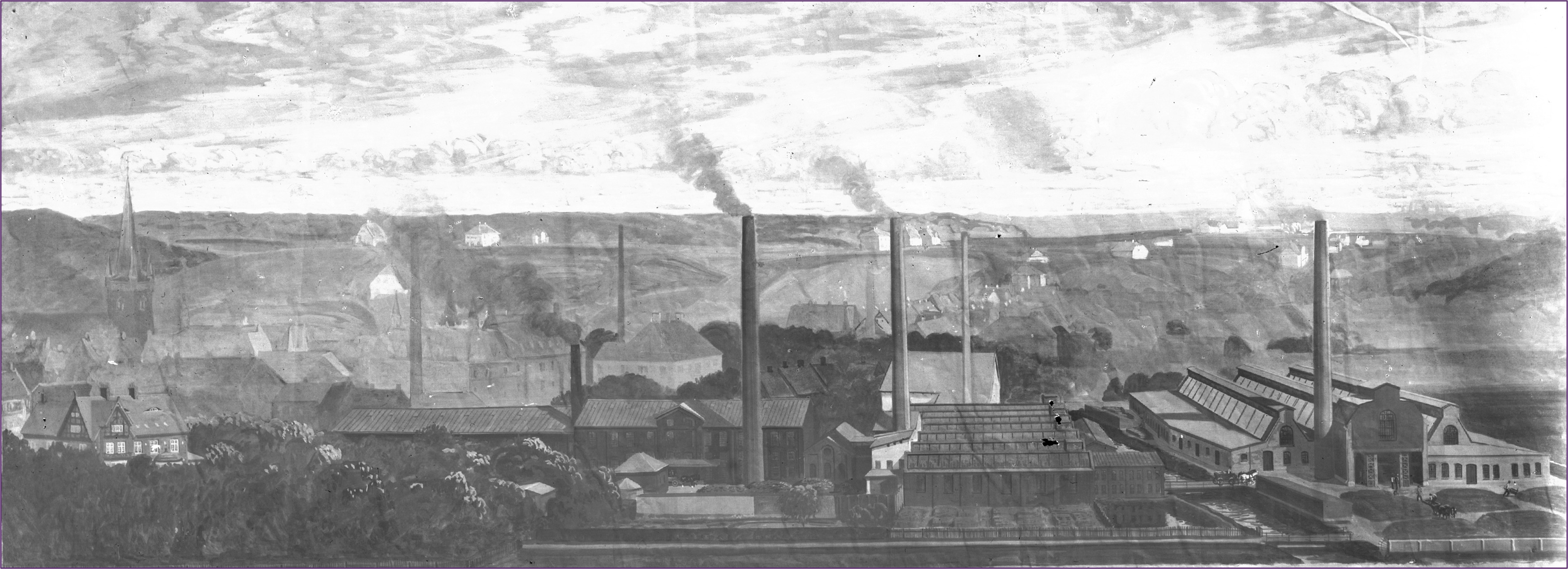 Maleri af C.M. Hess’ fabrikker, Vejle, 1915