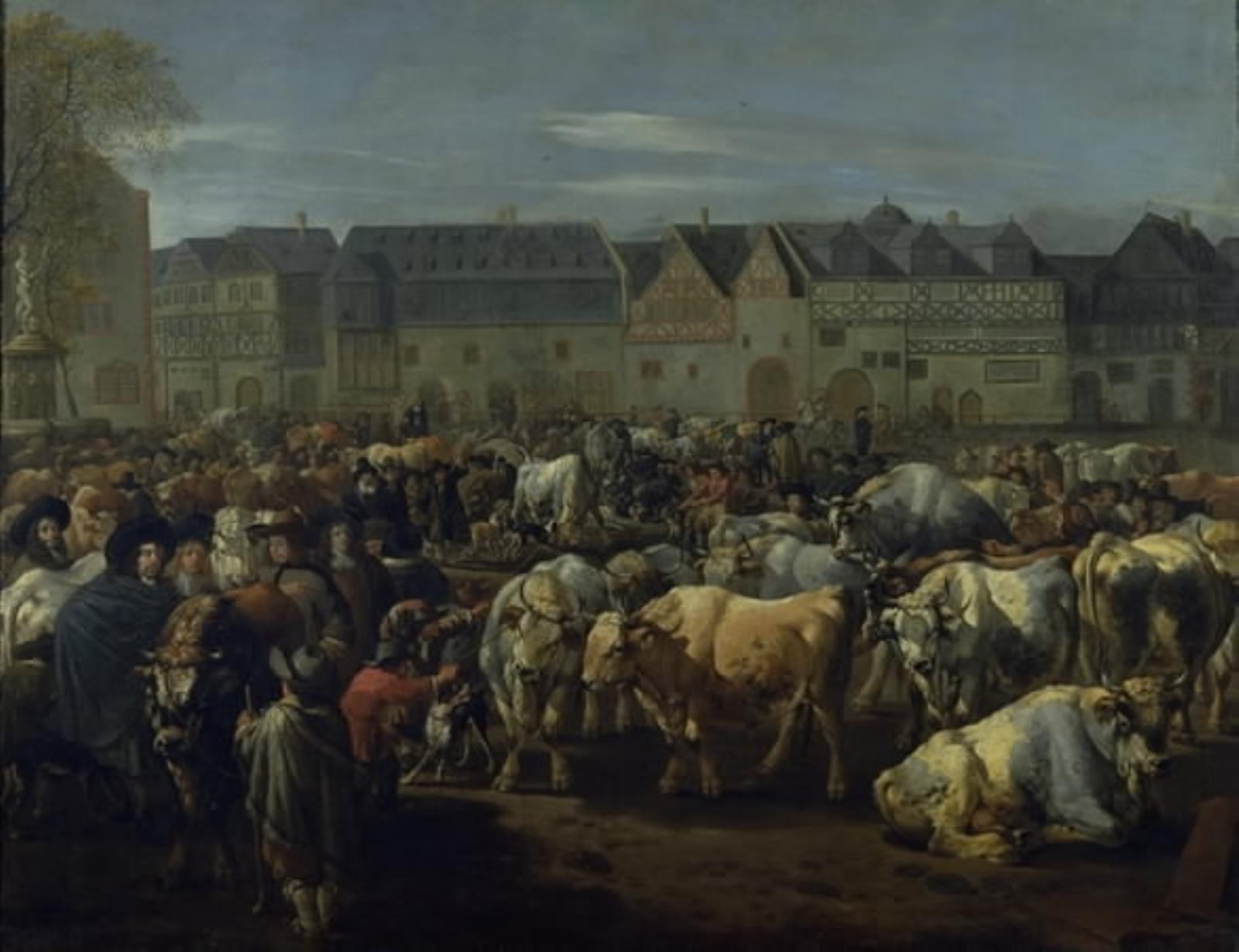 Maleriet "Et kvægmarked" af Johann Heinrich Roos, 1676. Okser og mennesker på torv i by.